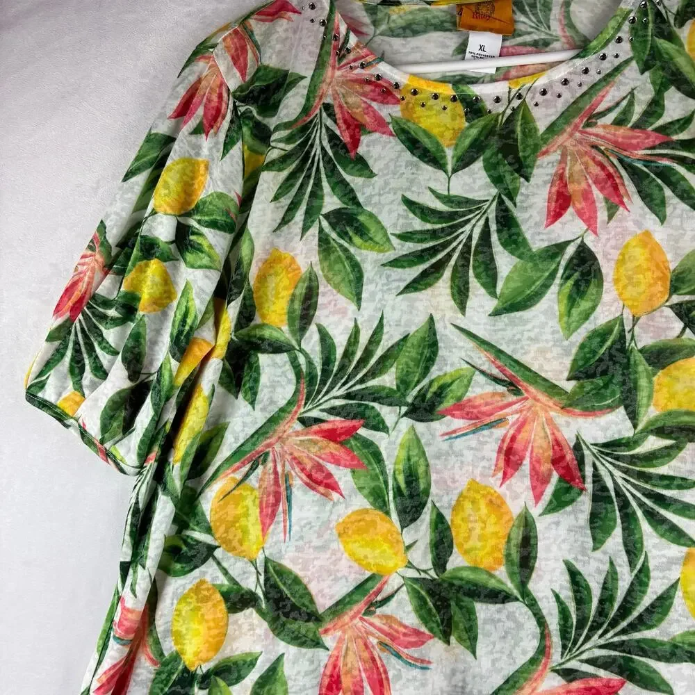 Ruby Rd Short Sleeve T-Shirt Top Women's XL Yellow Lemon Tropical Floral Resort